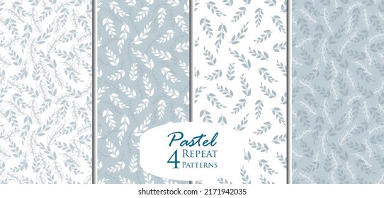 Conjunto de vectores de 4 patrones de repetición sin costuras de color gris pastel. Ramas dibujadas a mano patrones de silueta fondos. Ideal para temas de bodas, proyectos de empaquetado, tela, textil, Scrapbooking y envolturas de regalo
