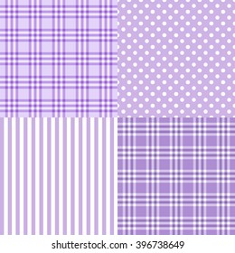 Vector set of 4 purple patterns (striped, plaid, spotted) . Good for Baby Shower, Birthday, Mother's Day, Father's Day, Christmas, Scrapbook, Greeting Cards, Gift Wrap, surface textures.