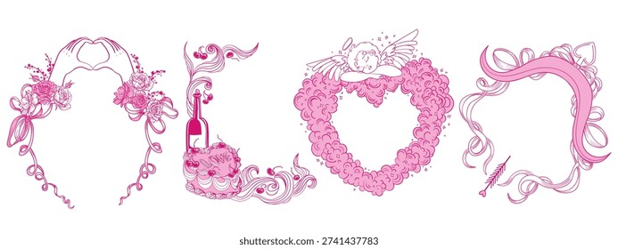  A vector set of 4 romantic decorative frames. Elegant with bows and roses, sweet with a festive cake, cute with an angel on clouds, classic with Cupid's bow and arrows. Border for Valentine's Day