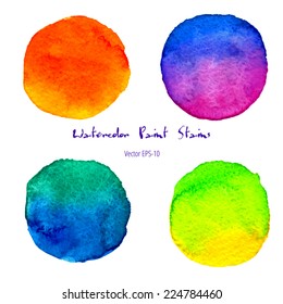 vector set 4 round watercolor colorful paint stains orange, yellow, green, pink, violet, blue, azure, cyan, ultramarine, purple