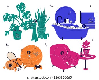 Vector set of 4 scenes from everyday life. Joyful girl takes care of plants, takes a bath, does fitness, rests and drinks wine. Flat cartoon vector illustration.