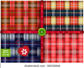 Vector set of 4 seamless Christmas pattern. Varicolored tartan background. Checkered cover with handmade toys for Christmas tree and colored button. New year fabric or wrapping.