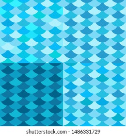 Vector set of 4 seamless fan shaped patterns, blue and turquoise fish scale prints for mermaid design, Japanese traditional wave ornament seigaiha. Wavy wallpaper, wrapping paper, batik, child textile