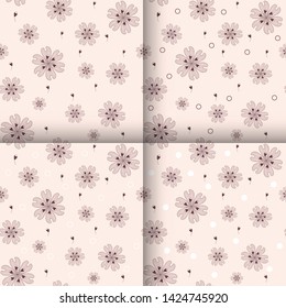 Vector set of 4 seamless floral patterns of doodle flowers with brown and white elements, circles and dots