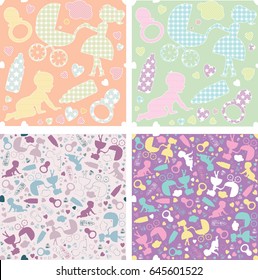 Vector set of 4 seamless pattern with silhouettes of baby, mom with stroller, pacifier, bottle and hearts.