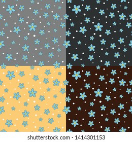 Vector set of 4 seamless patterns of light blue forget-me-nots with white dots. Brown, black, grey, light orange background.