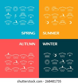 Vector set of 4 season weather icons isolated. Symbol design. Sun, moon, wind, cloud, rain, storm, snow, thunderstorm, star, lightning. Climate symbols. Meteorology illustration.