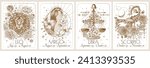 Vector set of the 4 second zodiac signs in flowers. Gold on a white background. Leo, Virgo, Libra, Scorpio