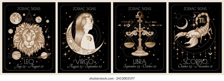 Conjunto de vectores de los 4 segundos signos zodiacos. Oro sobre fondo negro. Leo, Virgo, Libra, Scorpio