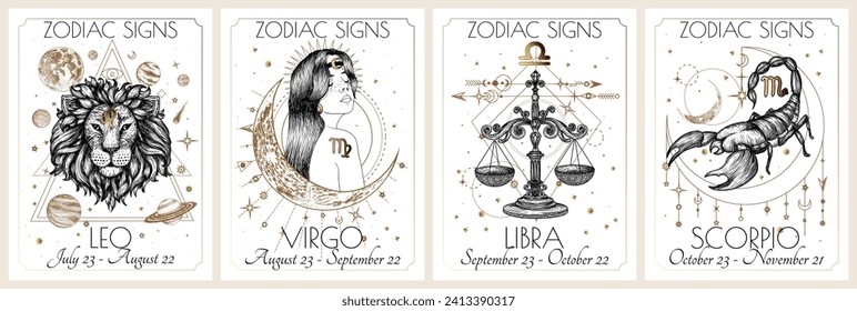 Vector set of the 4 second zodiac signs. Gold on a white background. Leo, Virgo, Libra, Scorpio