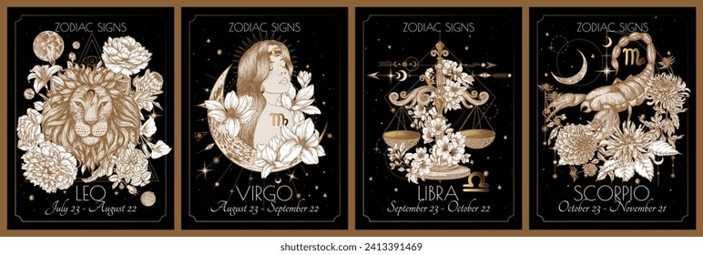 Vector set of the 4 second zodiac signs in flowers. Gold on a black background. Leo, Virgo, Libra, Scorpio