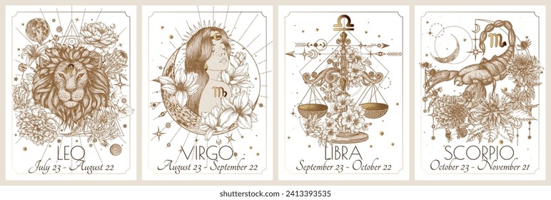 Vector set of the 4 second zodiac signs in flowers. Gold on a white background. Leo, Virgo, Libra, Scorpio