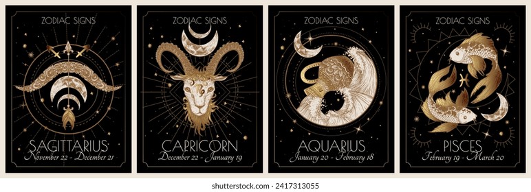 Vector set of the 4 second zodiac signs. Gold on a black background. Sagittarius, Capricorn, Aquarius, Pisces