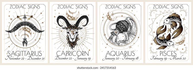 Vector set of the 4 second zodiac signs. Gold on a white background. Sagittarius, Capricorn, Aquarius, Pisces