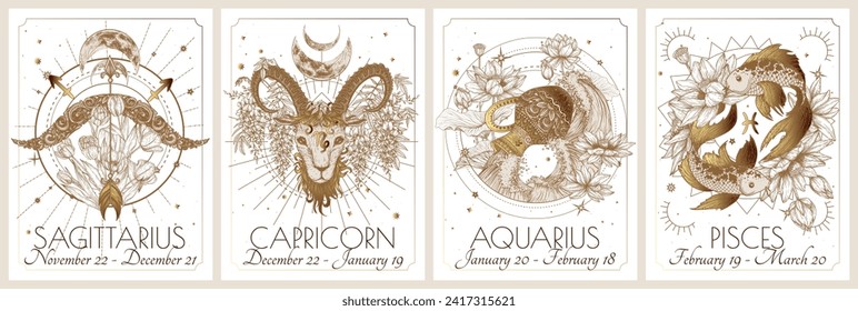 Vektorset der 4-Sekunden-Tierkreiszeichen in Blumen. Gold auf weißem Hintergrund. Sagittarius, Capricorn, Aquarius, Pisces