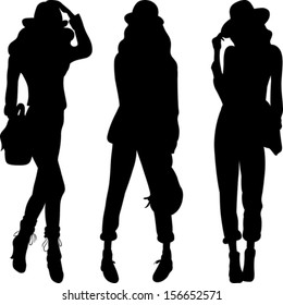 vector set 4 silhouette of fashion girls top models 