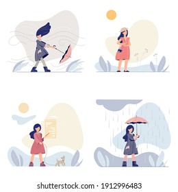 Vector set of 4 stylish girls in walking in different weather. Cute trendy young women walks outdoor. Windy, sunny, rainy.