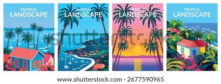 Vector Set of 4 tropical island cityscapes with Caribbean small town, palms, green trees, yachts and blue sea in the background. Handmade drawing vector illustration.