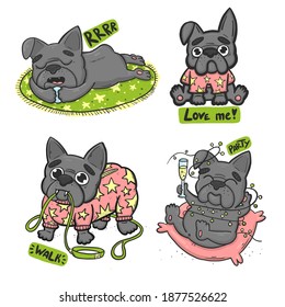 Vector set of 4 variants of a french bulldog character in doodle style