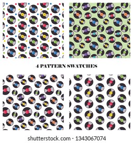Vector set of 4 vinyl record seamless repeat pattern swatches. Musical background. Textile/ wrapping paper design
