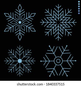 Vektorset aus 4 weißem Weihnachtspapier schneidet Schneeflocken auf dunkelschwarzem Hintergrund. Design-Elemente des neuen Jahres