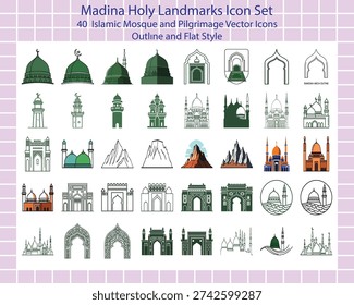 Vector set of 40 Madina holy landmarks icons. Islamic mosques, domes, and city silhouettes in flat outline style.