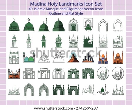 Vector set of 40 Madina holy landmarks icons. Islamic mosques, domes, and city silhouettes in flat outline style.