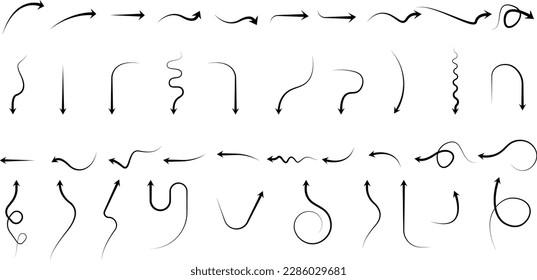 Vector set of 40 professional arrows on white background. Different elements for design. Professional and clean arrows. Straight and curved cursors. Arrows for presentation. Cursors.