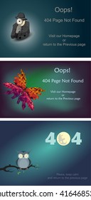 Vector set of 404 error page templates for websites. Text warning message 404 page not found, return to the previous page. Dark background. Selection of 3 items in one file. Web design elements.