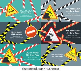 Vector set of 404 error page templates for websites. Text warning message 404 page not found, return to the previous page. Road signs. Selection of 6 items in one file. Web design elements.