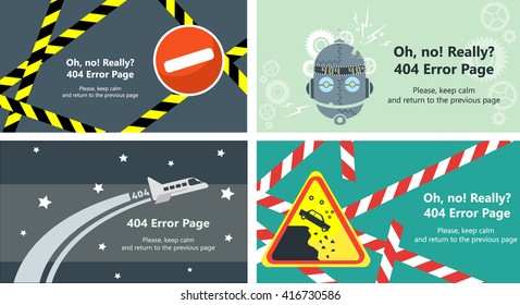 Vector set of 404 error page templates for websites. Text warning message 404 page not found, return to the previous page. Selection of 4 items in one file. Web design elements.