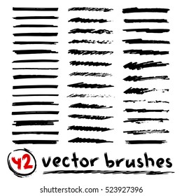 Vector set of 42 different brush strokes. Black marker brush lines. Creative brush strokes isolated on white background.