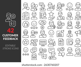 Vector set of 42 Editable Icons for Customer Feedback Reviews, Ratings, and User Opinions