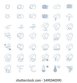 Vector set of 42 weather line icons. Sunny, snowy, windy, rainy, blizzard, storm and other symbols for condition of sky. Different signs in minimalist design for any forecast and your own projects.