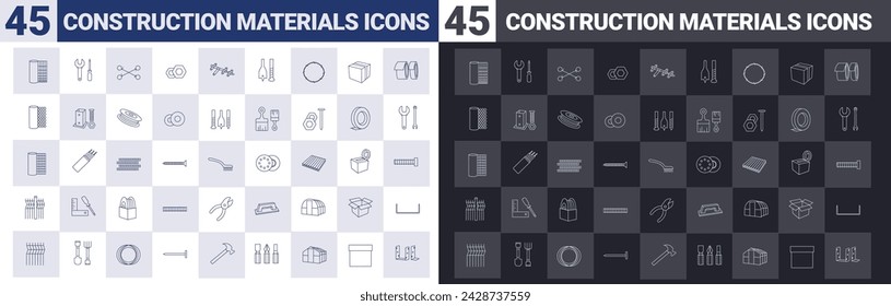 Conjunto de 45 iconos de materiales de construcción de contorno: vallas, malla, alambre, llave de montaje, tornillos autorroscantes, cintas de montaje, destornillador, invernadero. Iconos finos para diseño web, aplicación móvil.