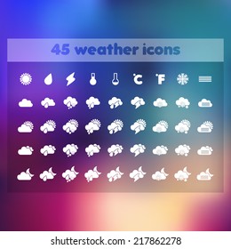 vector set of 45 weather meteorological icons on blurred background