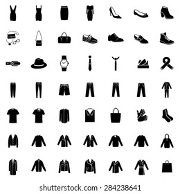 Vector Set of 49 Black Clothes Icons. Mens and Womens Fashion. Casual, Sport, Bussines and Evening Wear. Footwear. Clothes. Accessories. Overcoat.