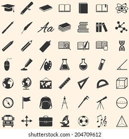 Vector Set of 49 Black Education Icons. School and University.