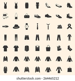 Vector Set of 49 Clothes Icons. Mens and Womens Fashion. Casual, Sport, Bussines and Evening Wear. Footwear. Clothes. Accessories. Overcoat.