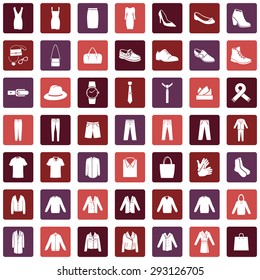 Vector Set Of 49 Clothes Icons. Mens And Womens Fashion. Casual, Sport, Bussines And Evening Wear. Footwear. Clothes. Accessories. Overcoat.