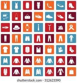 Vector Set of 49 Clothes Icons. Mens and Womens Fashion. Casual, Sport, Bussines and Evening Wear. Footwear. Clothes. Accessories. Overcoat.