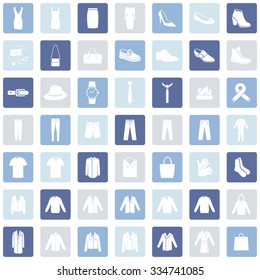 Vector Set of 49 Clothes Icons. Mens and Womens Fashion. Casual, Sport, Bussines and Evening Wear. Footwear. Clothes. Accessories. Overcoat.