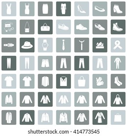 Vector Set of 49 Clothes Icons. Mens and Womens Fashion. Casual, Sport, Bussines and Evening Wear. Footwear. Clothes. Accessories. Overcoat.