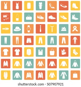 Vector Set of 49 Clothes Icons. Mens and Womens Fashion. Casual, Sport, Bussines and Evening Wear. Footwear. Clothes. Accessories. Overcoat.