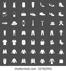 Vector Set Of 49 Clothes Icons. Mens And Womens Fashion. Casual, Sport, Bussines And Evening Wear. Footwear. Clothes. Accessories. Overcoat.