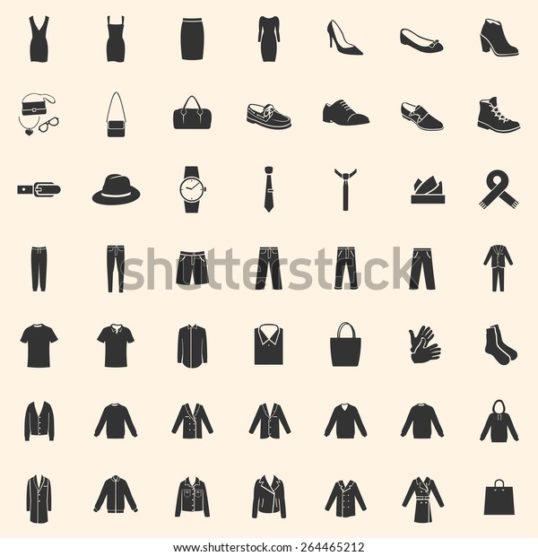 Vector Set of 49 Clothes Icons. Mens and Womens\
Fashion. Casual, Sport, Bussines and Evening Wear. Footwear.\
Clothes. Accessories.\
Overcoat.