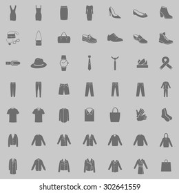 Vector Set of 49 Gray Clothes Icons. Mens and Womens Fashion. Casual, Sport, Busines and Evening Wear. Footwear. Clothes. Accessories. Overcoat.