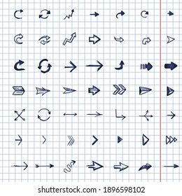 Vector Set of 49 Sketch Arrows and Cursors on Checkered Background