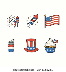 Vector set of 4th of July icons including American flag, fireworks, ice cream, hat, soda can, and rocket for holiday celebration