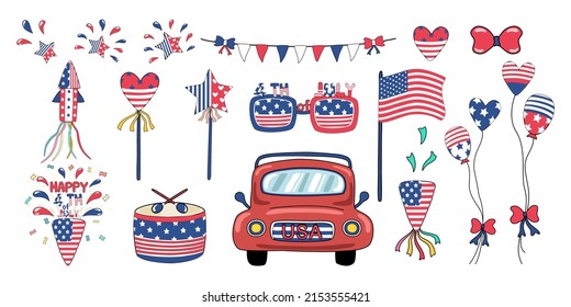 A vector set of 4th of July themed decorative elements designed in white, blue, red tones on a white background for cards, gifts, stickers and more.